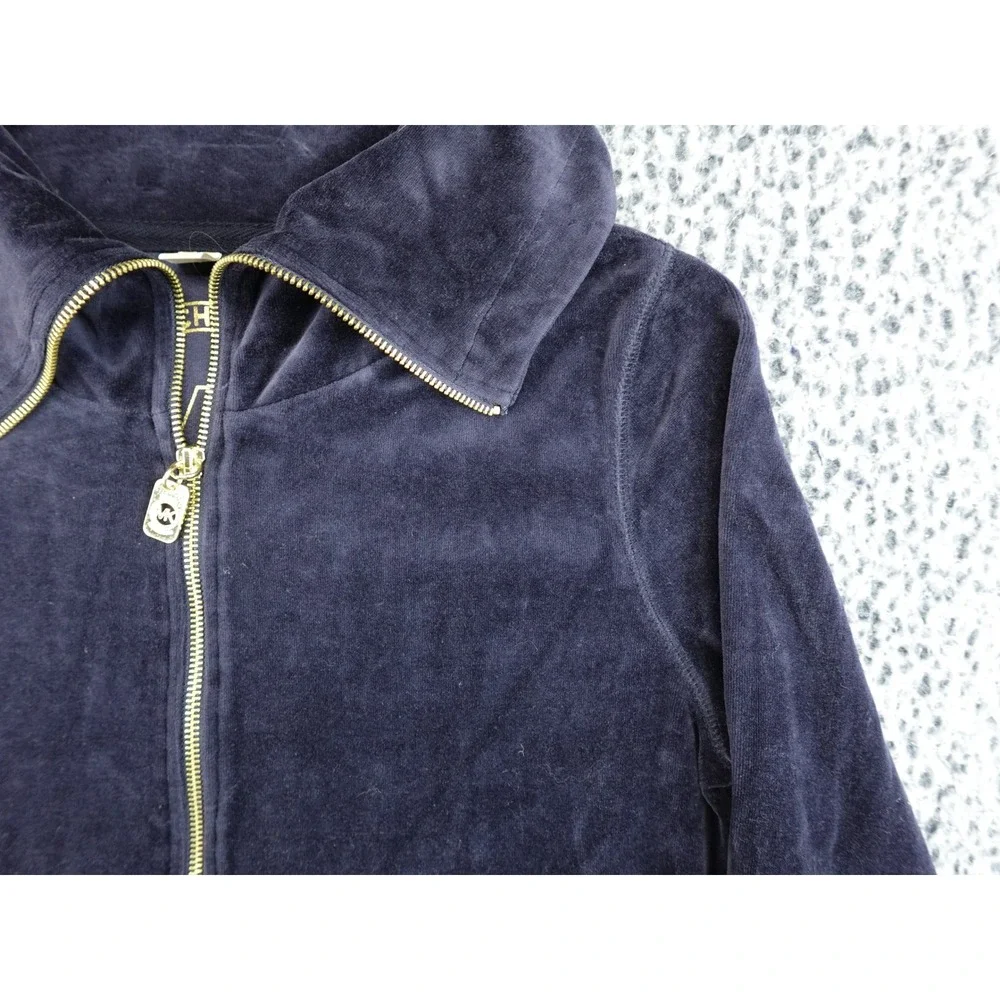 Michael Kors Velour Zip Up Jacket Womens Large Navy Blue‎ Gold Hardware MK